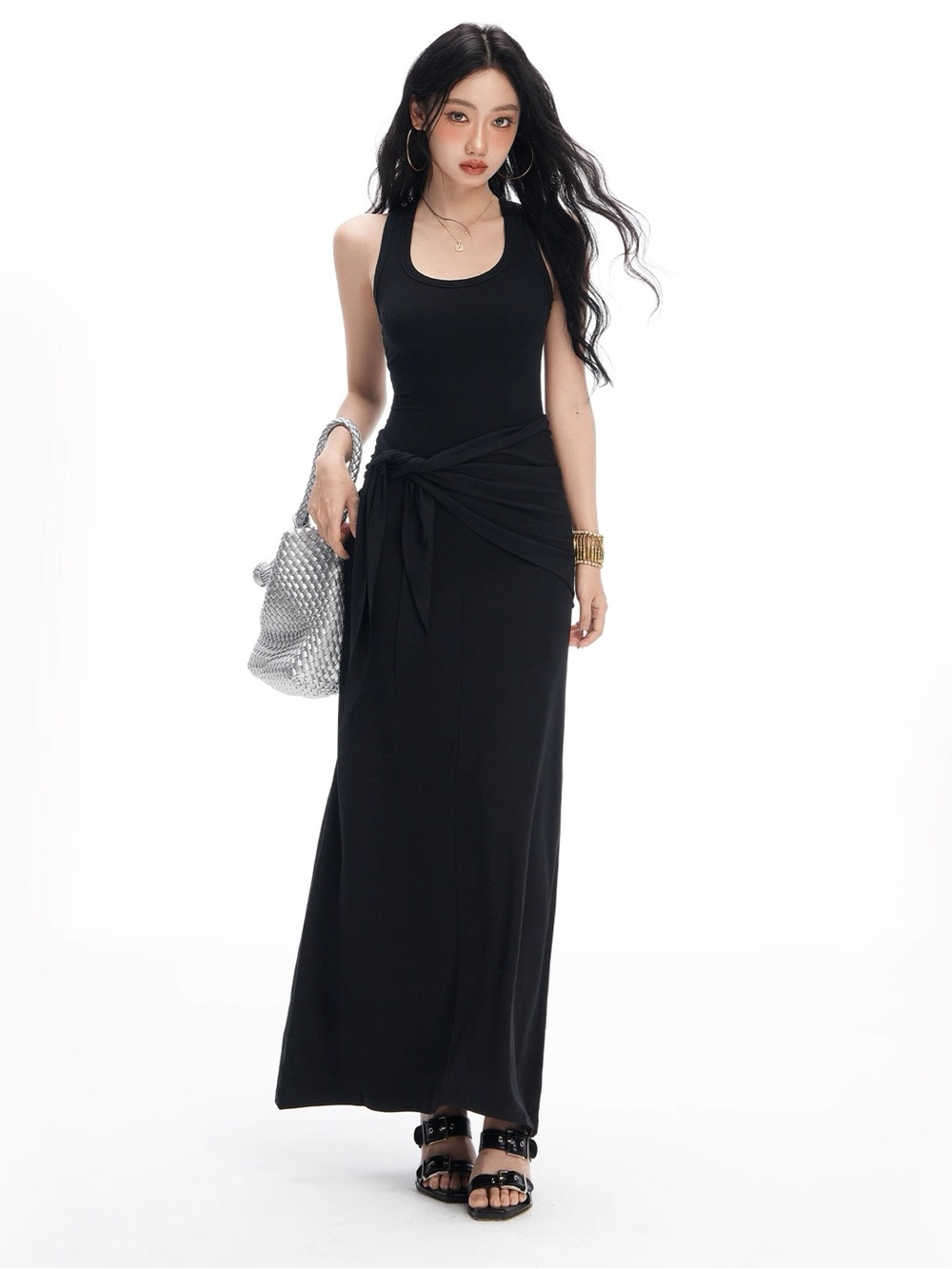 Black Sleeveless Tie-Waist Maxi Dress